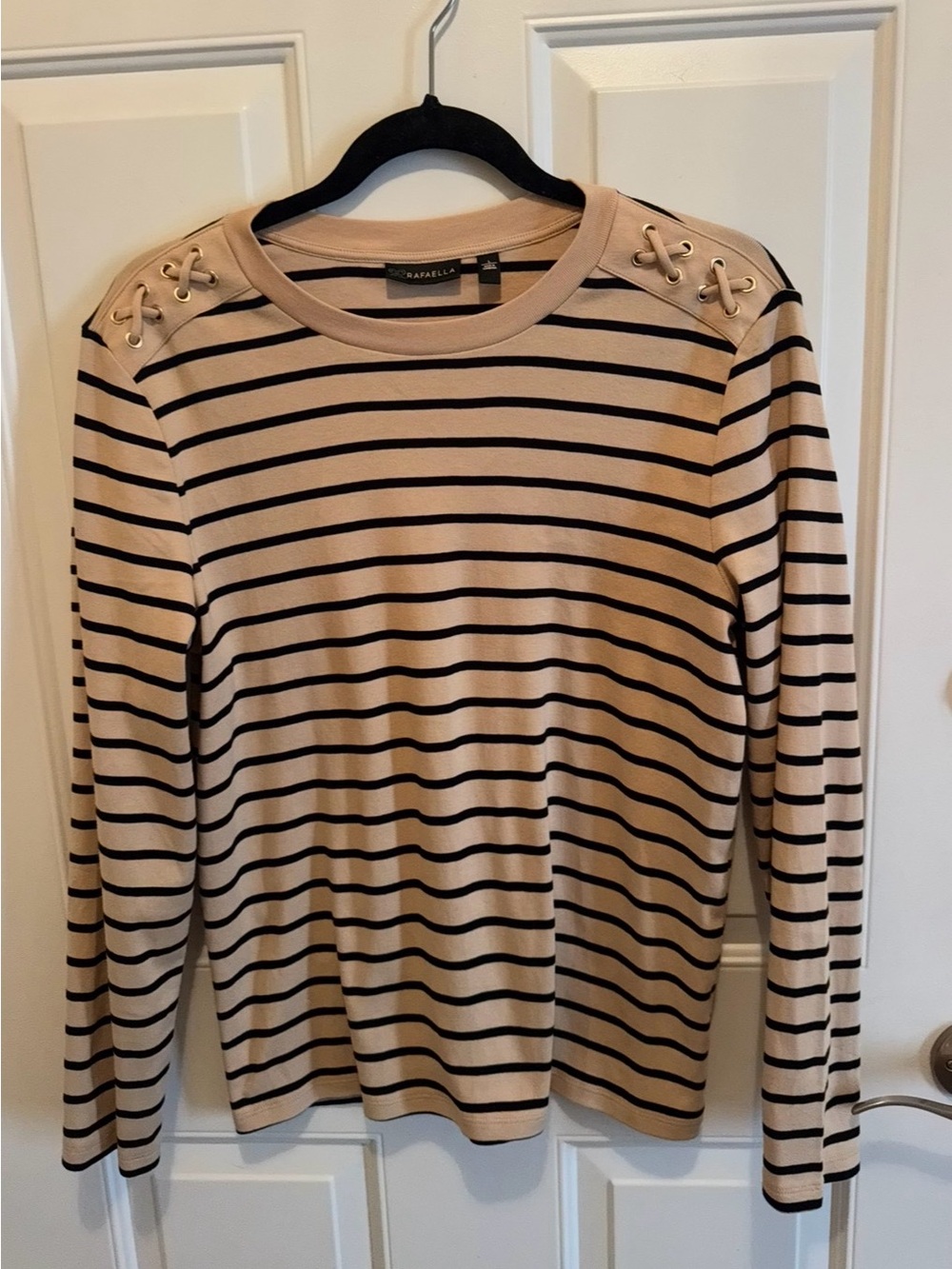 Rafaella Cream and Black Striped Crewneck Sweater with Shoulder Lace-Up-Large